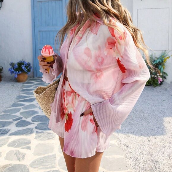 Baby Pink Casual Women's Romantic Flower Print Shirrt & Shorts Set - Picture 7 of 7